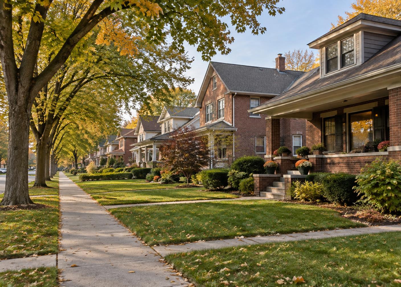 Tree-lined residential street with single-family homes